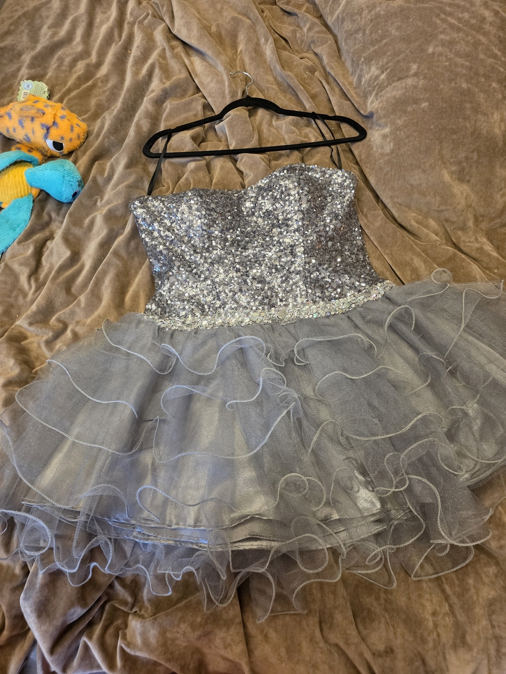 Strapless Silver Sequin Party Dress with Ruffled Tulle Skirt